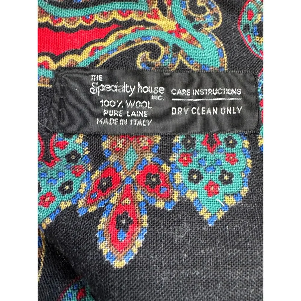 Vintage Specialty House Pure Wool Paisley Black Red Wrap Scarf Made in Italy